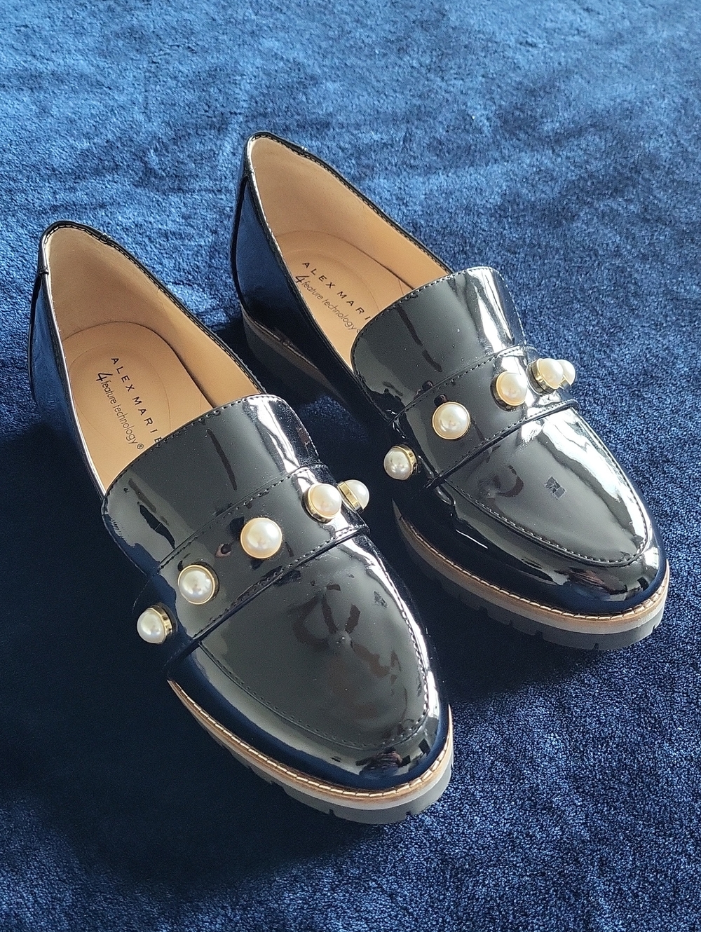 Alex Marie Black Patent Loafers with Pearl Accents